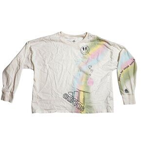 Girls Women's Adidas Cropped Tie Dye Watercolor Smiley Face L/S T-Shirt Top Med